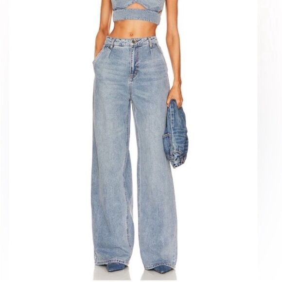 AFRM Turner Jeans Wide Leg Loose Slouchy Pleated Front Medium Wash size 27 - Picture 1 of 14